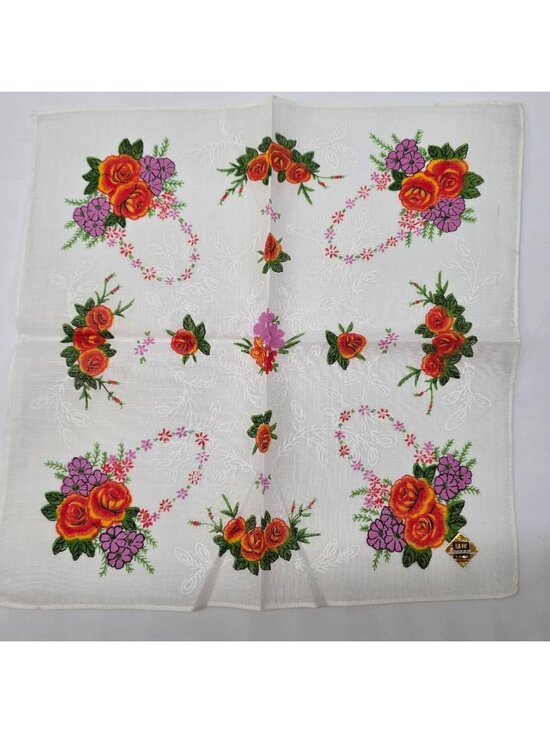 Square Accessories - Vintage White Handkerchief With Orange Roses & Purple Floral Embroidery